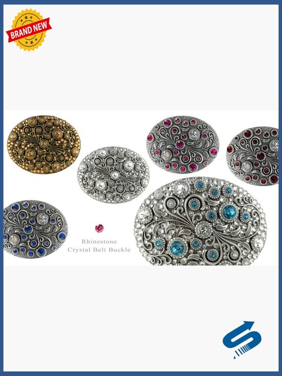 Rhinestone Crystal Oval Floral Belt Buckle Antique Brass Engraved main image 7